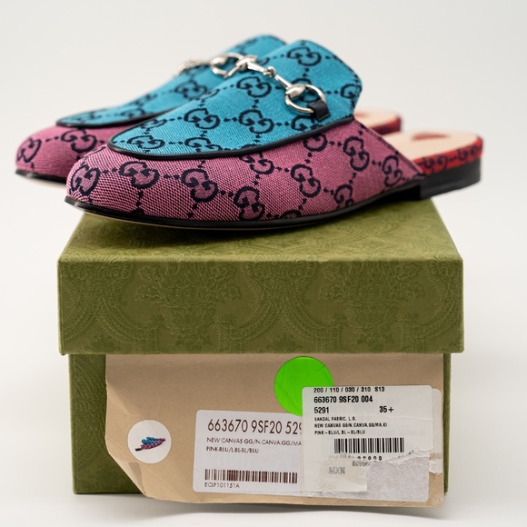 size 35.5G 5.5 US Gucci Princetown Blue Pink GG Canvas Mules Slipper Sandals - Picture 10 of 11